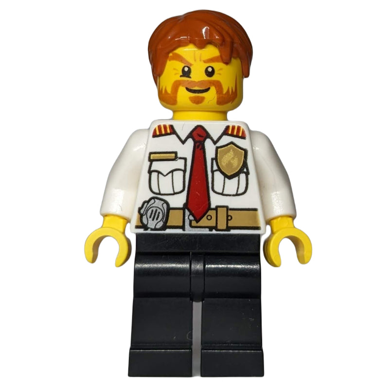 fig-008091 – Fireman, White Shirt with Red Tie, Badge, and Radio on Belt, Dark Orange Hair, Mutton Chops and Moustache