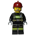 fig-008092 – Fireman, Black Fire Suit with Gauge and Straps, Dark Red Helmet, Beard