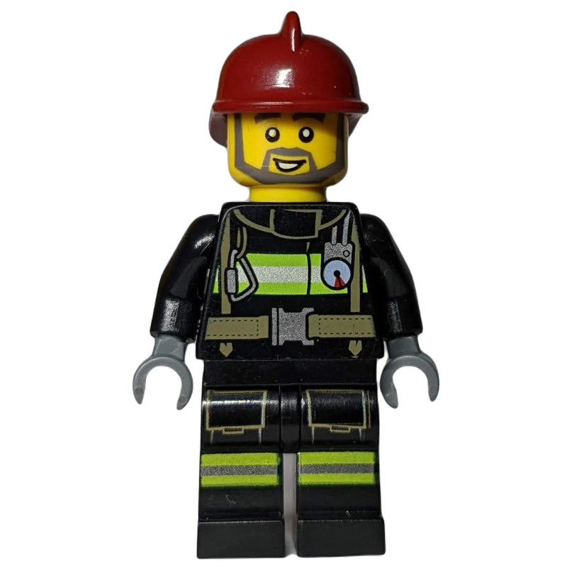 fig-008092 – Fireman, Black Fire Suit with Gauge and Straps, Dark Red Helmet, Beard