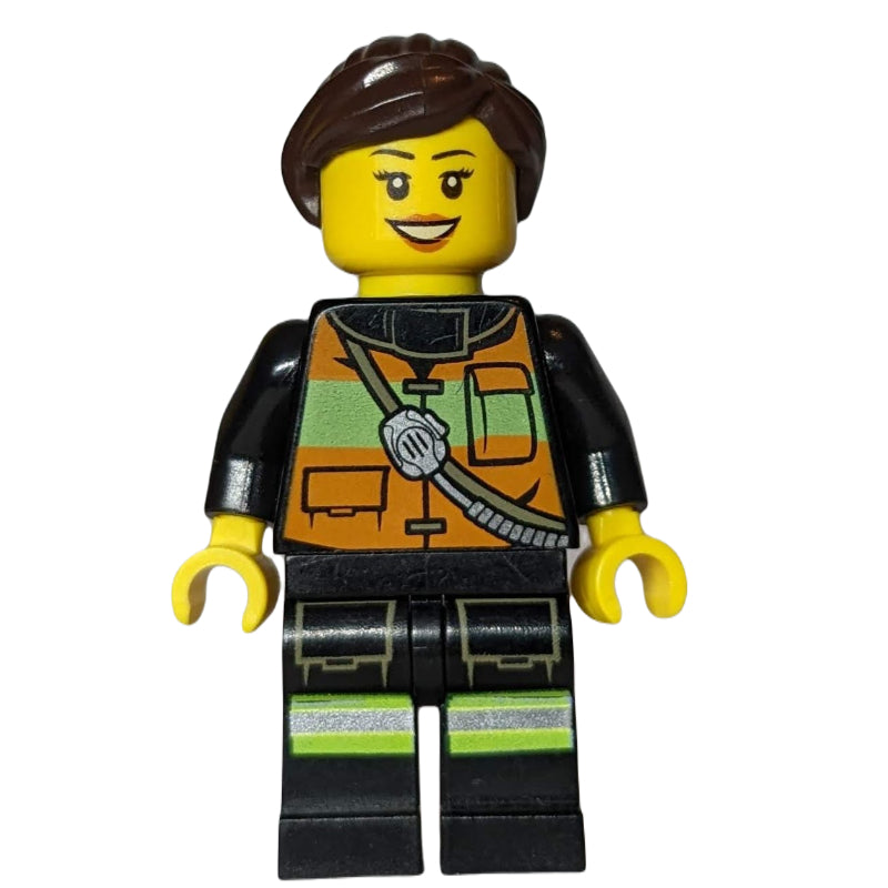 fig-008093 – Firewoman, Orange Safety Vest with Radio, Dark Brown Hair