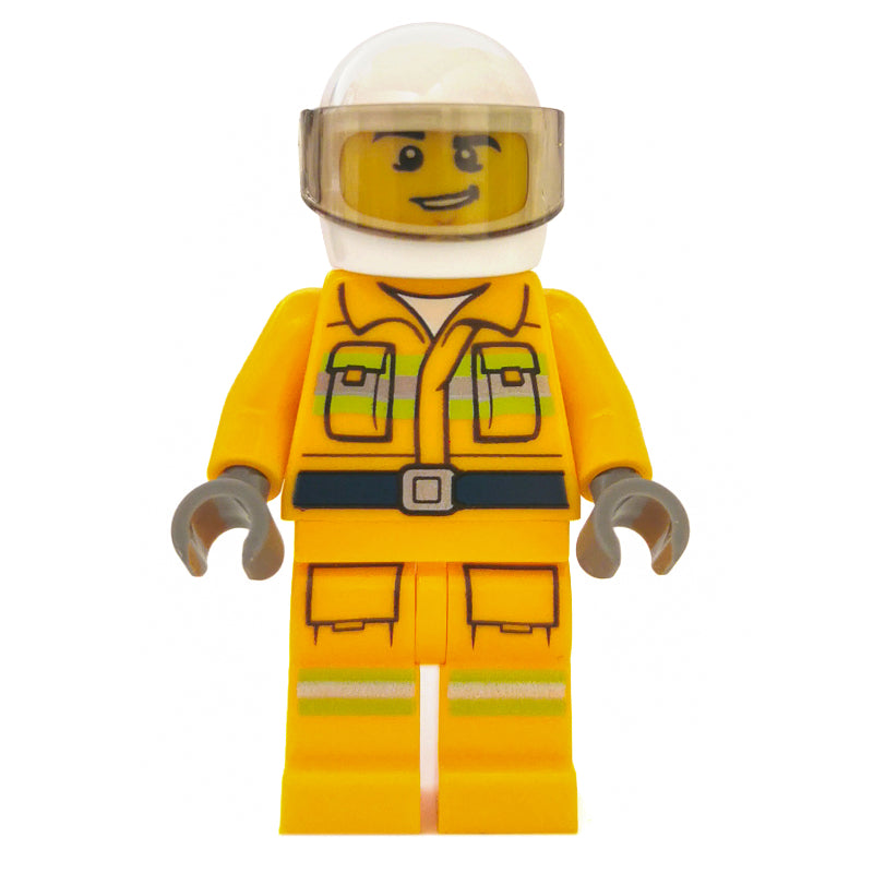 fig-008095 – Fireman, Bright Light Orange Fire Suit, White Helmet with Visor
