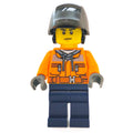 fig-008096 – Construction Worker, Orange Jacket with Zipper and Reflective Stripes, Dark Blue Legs, Welding Mask