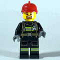 fig-008098 – Fireman, Black Fire Suit with Gauge and Straps, Red Helmet, Goatee Beard
