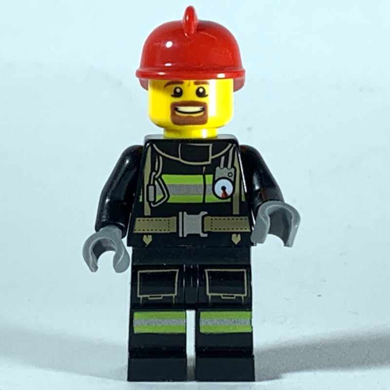 fig-008098 – Fireman, Black Fire Suit with Gauge and Straps, Red Helmet, Goatee Beard