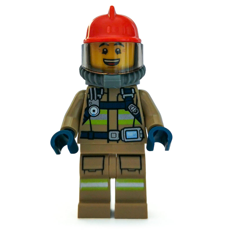 fig-008099 – Fireman, Dark Tan Fire Suit with Gauge and Straps, Red Helmet, Breathing Apparatus, Airtanks, Open Mouth