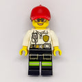 fig-008101 – Firewoman, White Polo Shirt with Radio and Badge, Red Cap with Hair, Glasses