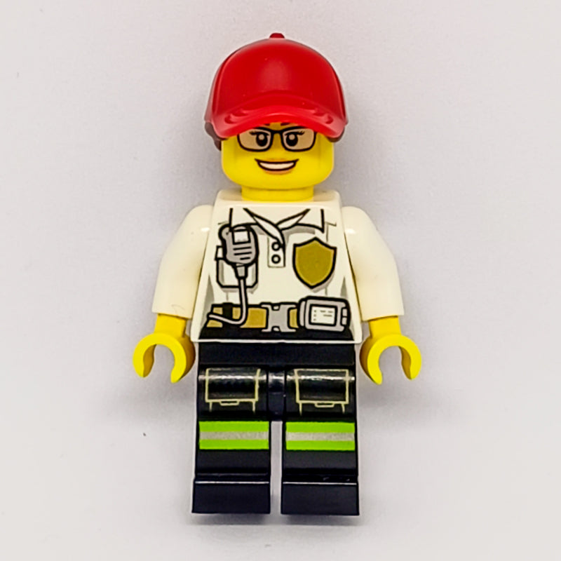 fig-008101 – Firewoman, White Polo Shirt with Radio and Badge, Red Cap with Hair, Glasses