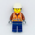 fig-008102 – Construction Worker, Woman, Orange Safety Vest with Zipper and Pockets, White Hard Hat with Hair