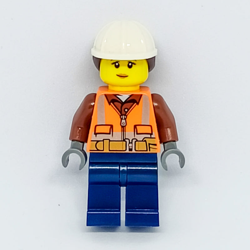 fig-008102 – Construction Worker, Woman, Orange Safety Vest with Zipper and Pockets, White Hard Hat with Hair