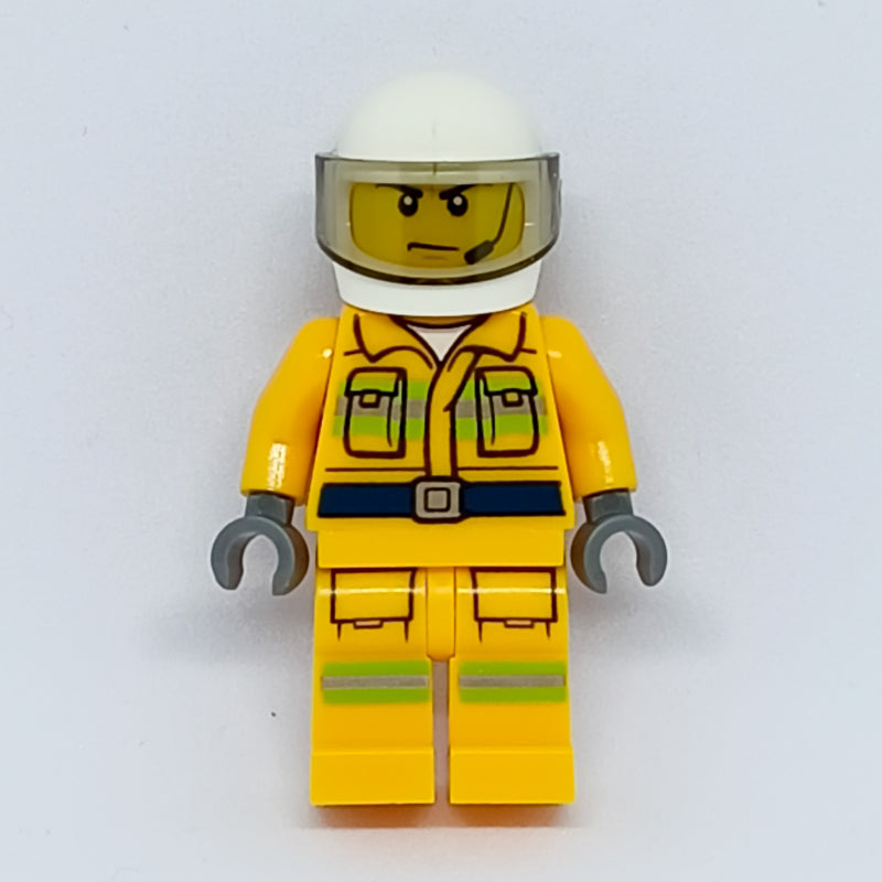 fig-008104 – Fireman, Bright Light Orange Fire Suit, White Helmet with Visor, Headset