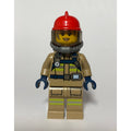 fig-008105 – Firewoman, Dark Tan Fire Suit with Gauge and Straps, Red Helmet, Breathing Apparatus, Airtanks, Dirty