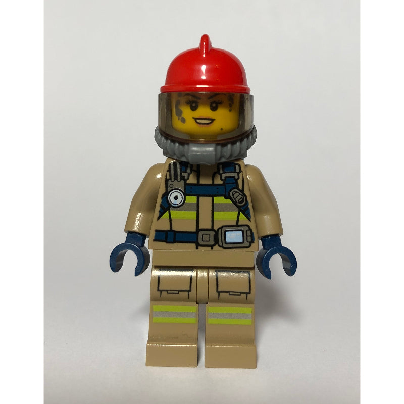 fig-008105 – Firewoman, Dark Tan Fire Suit with Gauge and Straps, Red Helmet, Breathing Apparatus, Airtanks, Dirty