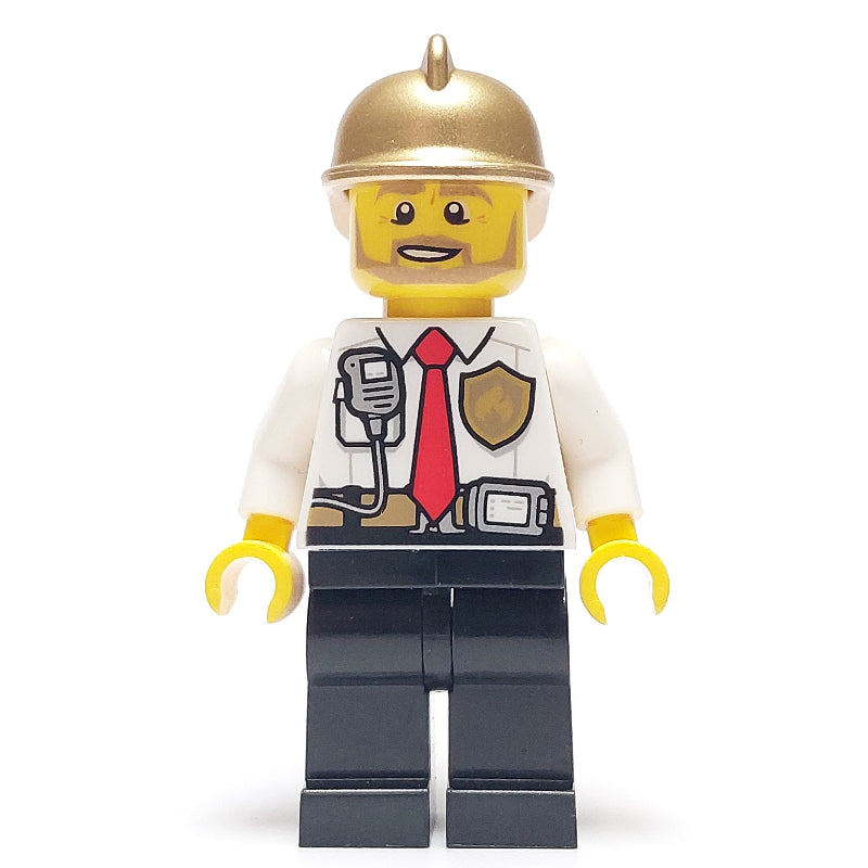 fig-008106 – Fireman, White Shirt with Red Tie, Badge, and Radio on Pocket, Gold Helmet, Beard