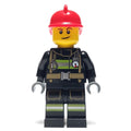 fig-008107 – Fireman, Black Fire Suit with Gauge and Straps, Red Helmet