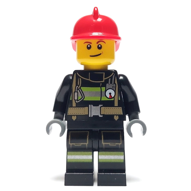 fig-008107 – Fireman, Black Fire Suit with Gauge and Straps, Red Helmet
