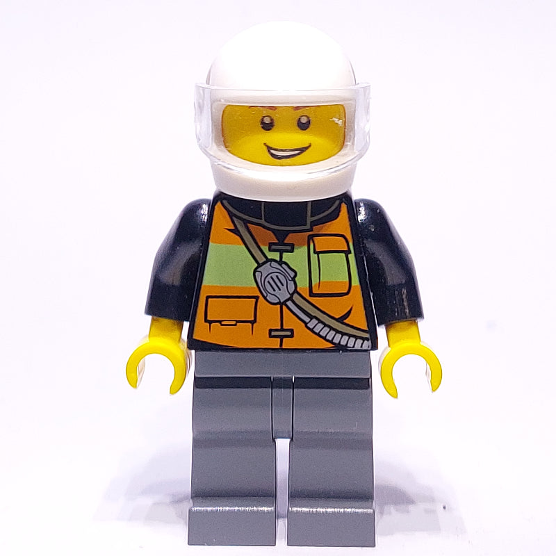 fig-008108 – Fireman, Orange Safety Vest with Radio, White Helmet with Visor