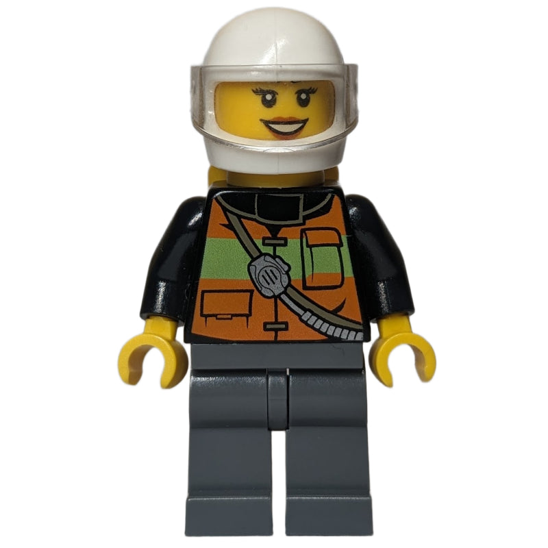 fig-008109 – Firewoman, Orange Safety Vest with Radio, White Helmet with Visor, Airtanks