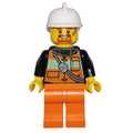 fig-008110 – Fireman, Orange Safety Vest with Radio, White Helmet, Goatee Beard