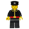 fig-008115 – Fireman, Classic, Black Fire Jacket with Red Belt and Buttons, Black Hat