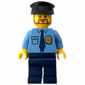 fig-008117 – Policeman, Medium Blue Shirt with Badge and Tie, Dark Blue Legs, Black Hat, Beard