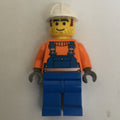 fig-008119 – Construction Worker, Blue Overalls over Orange Sweater, White Hard Hat, Printed Hair and Stubble