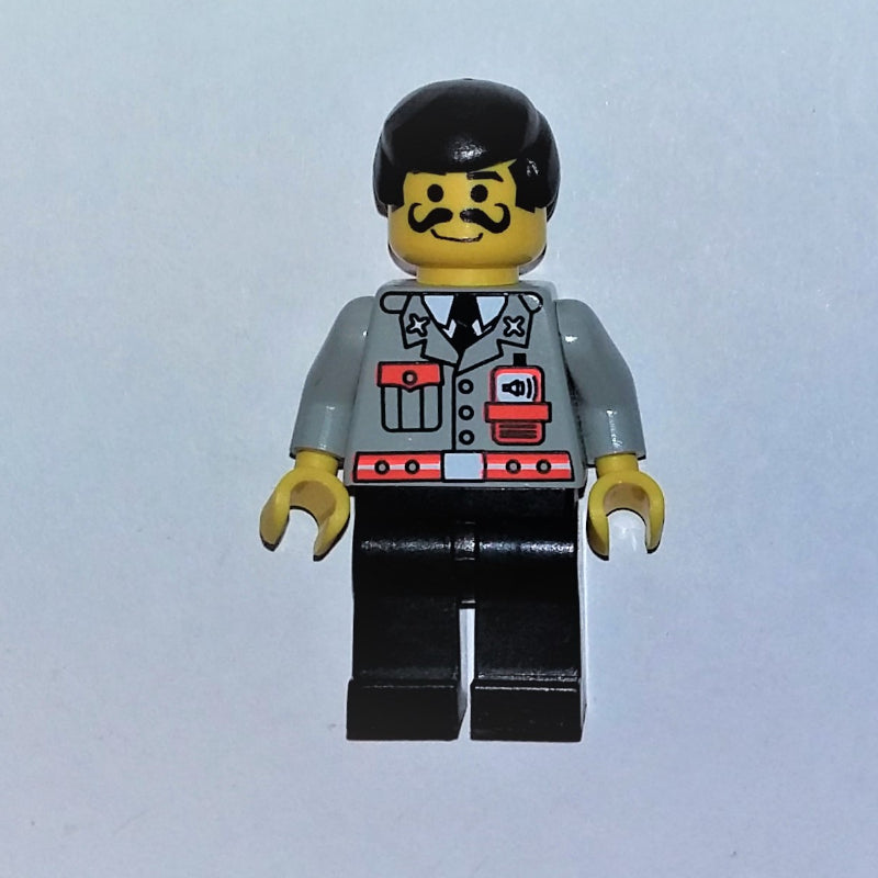 fig-008122 – Fireman, Light Gray Jacket with Radio and Pocket, Black Hair, Moustache