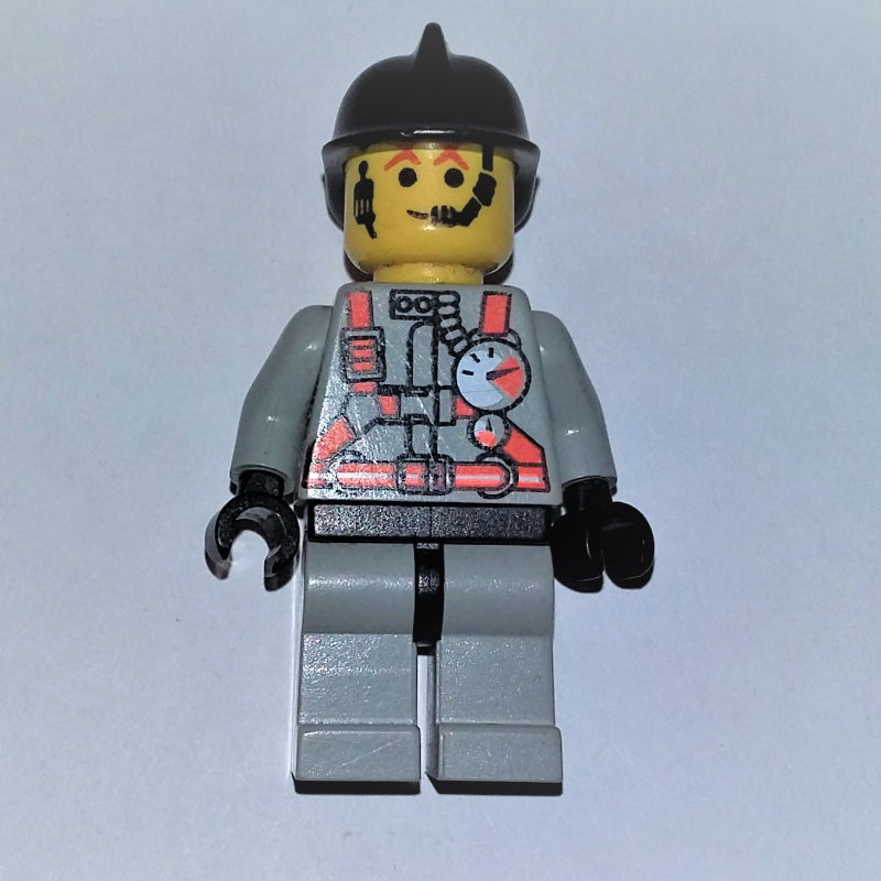 fig-008123 – Fireman, Light Gray Fire Suit with Gauges and Straps, Black Helmet, Headset