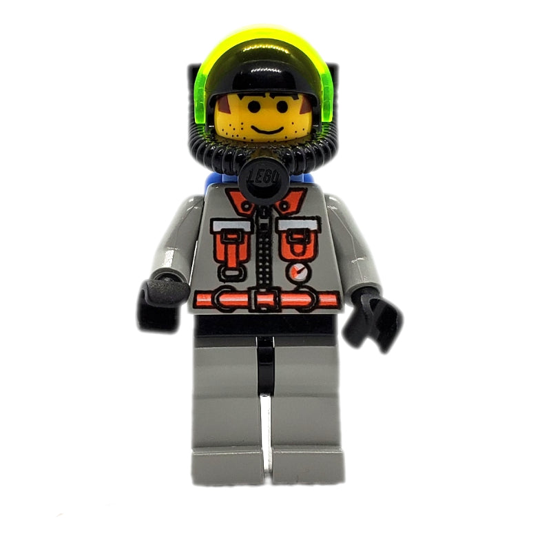 fig-008124 – Fireman, Light Gray Fire Suit with Zipper, Gauge, and Pouches, Breathing Apparatus with Visor, Airtanks, Printed Hair and Stubble
