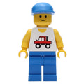 fig-008128 – Man, White Vest with Truck, Blue Legs, Blue Cap (3626b Head)