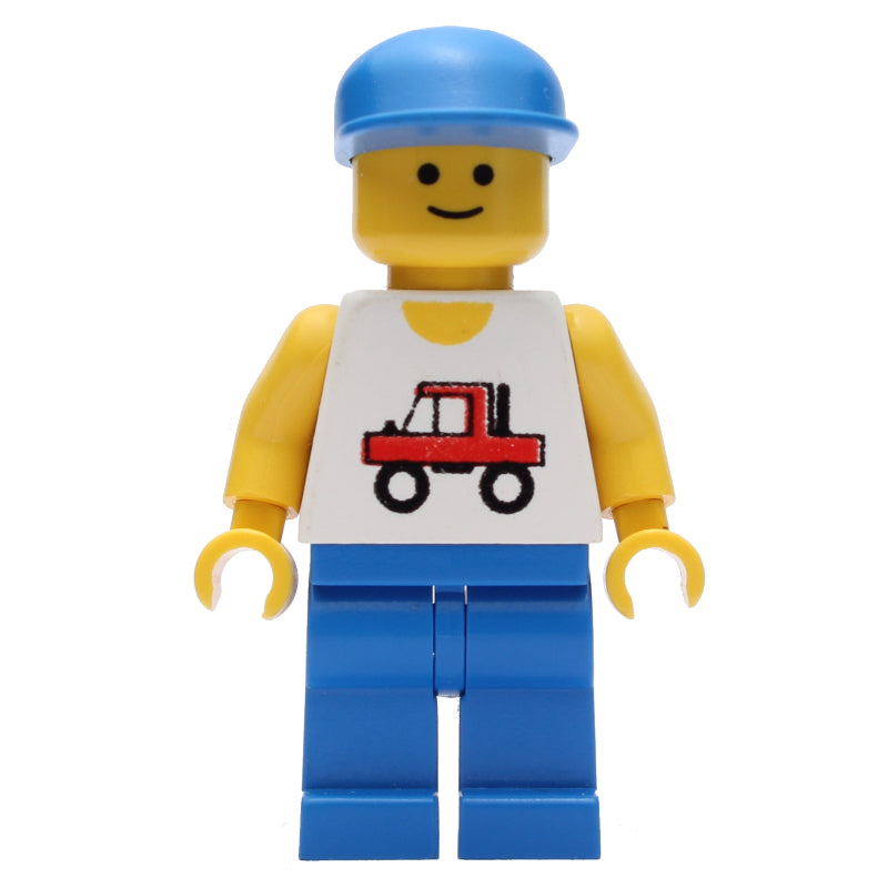 fig-008128 – Man, White Vest with Truck, Blue Legs, Blue Cap (3626b Head)