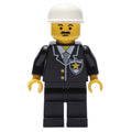 fig-008129 – Policeman, Black Jacket with Tie and Badge, Black Legs, White Cap, Moustache