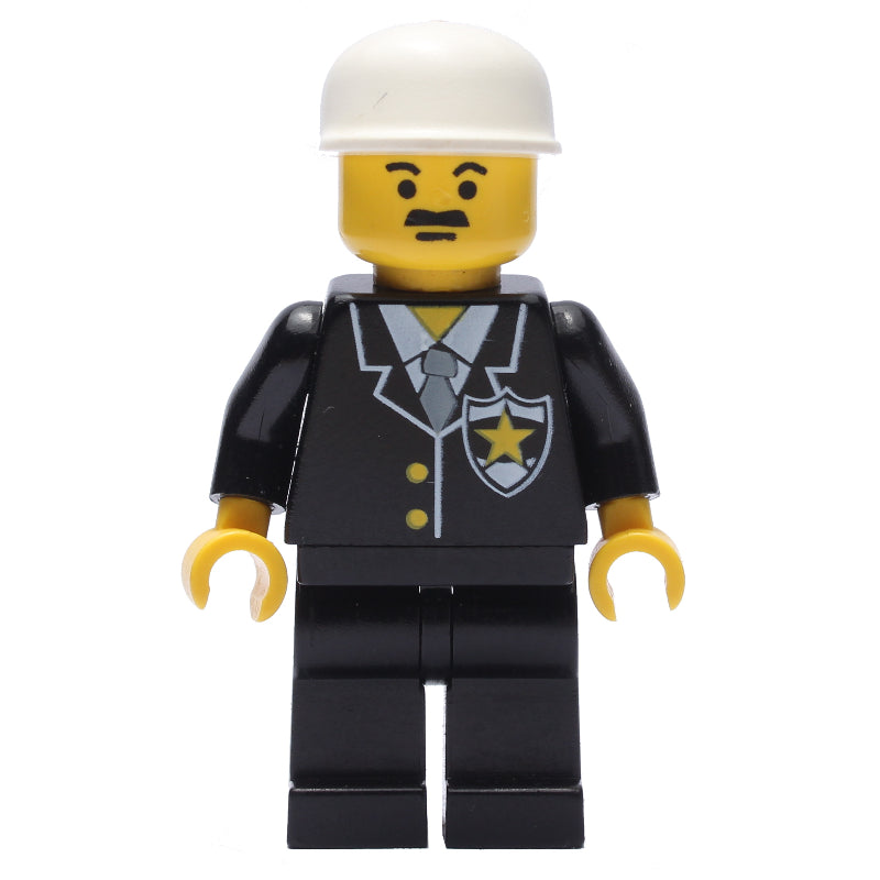 fig-008129 – Policeman, Black Jacket with Tie and Badge, Black Legs, White Cap, Moustache