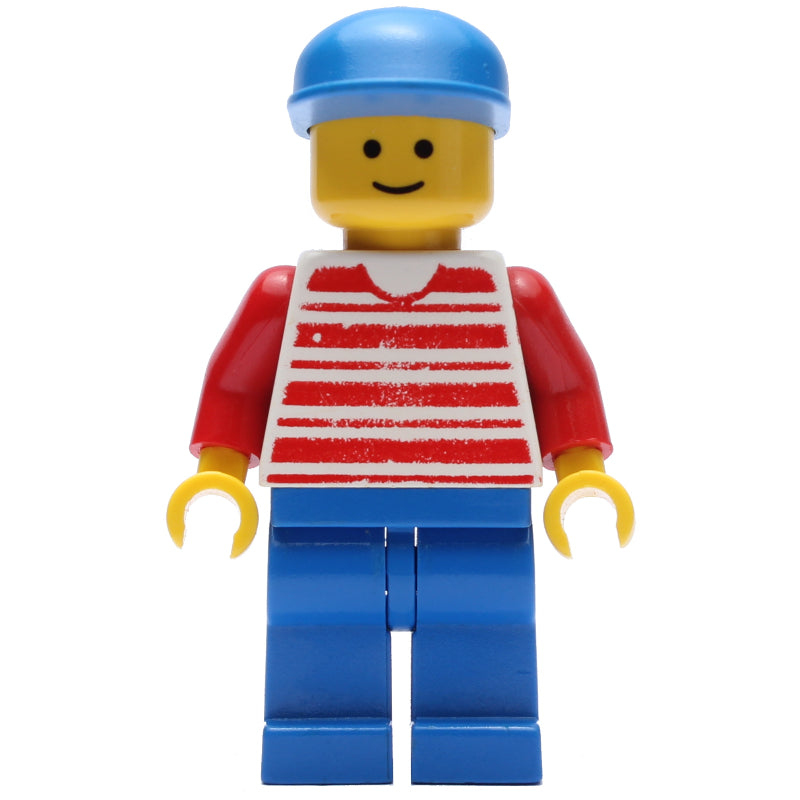 fig-008131 – Man, Red and White Striped Shirt, Blue Legs, Blue Cap