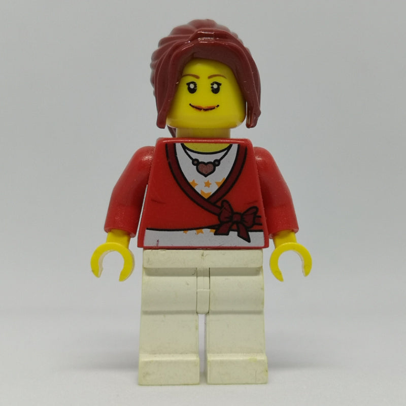 fig-008135 – Woman, Cardigan Tied with Bow and Necklace, White Legs, Dark Red Hair