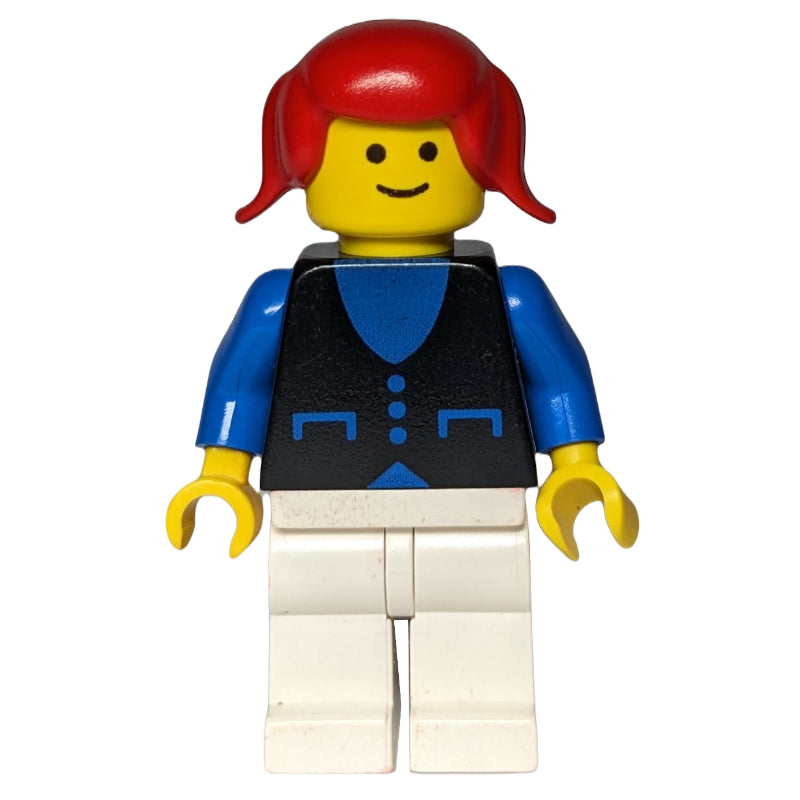 fig-008139 – Woman, Black Vest over Blue Top, White Legs, Red Hair