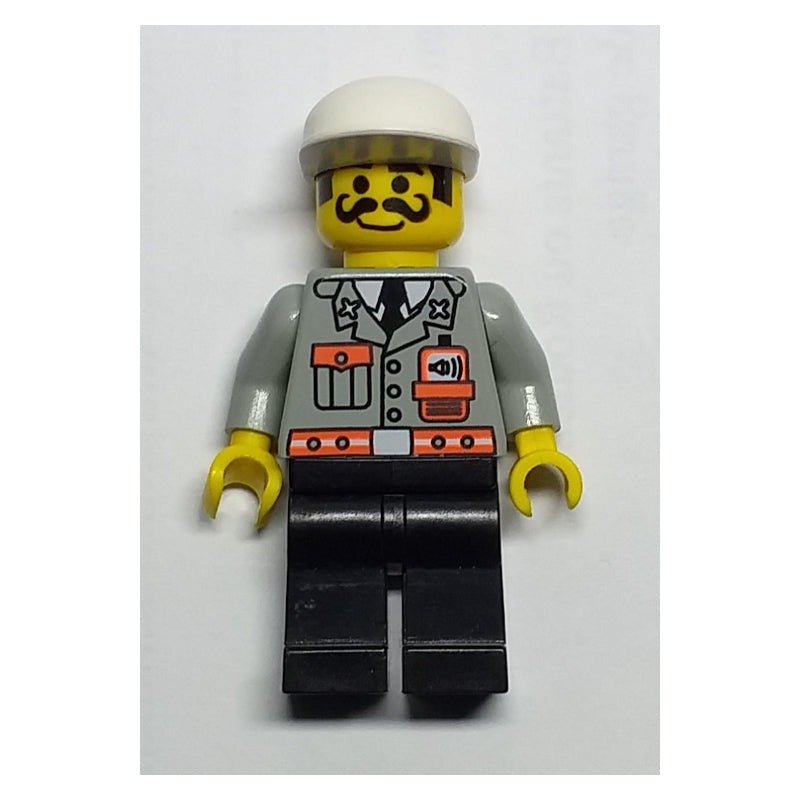 fig-008143 – Fireman, Light Gray Jacket with Radio and Pocket, White Cap, Moustache