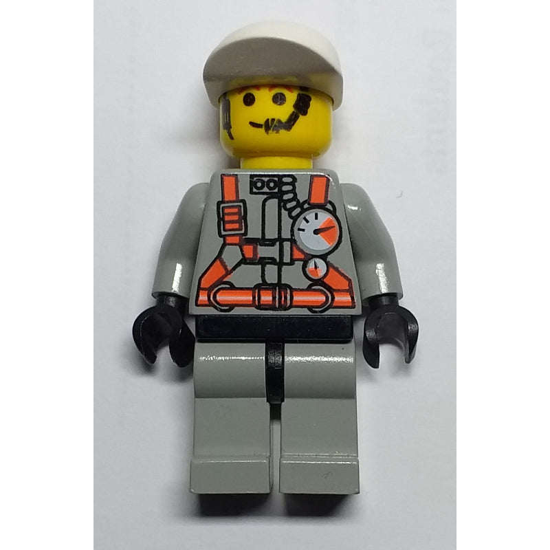 fig-008144 – Fireman, Light Gray Fire Suit with Gauges and Straps, White Cap, Headset