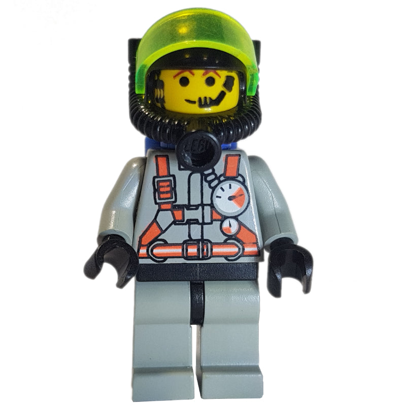 fig-008145 – Fireman, Light Gray Fire Suit with Gauges and Straps, Breathing Apparatus with Visor, Airtanks, Headset