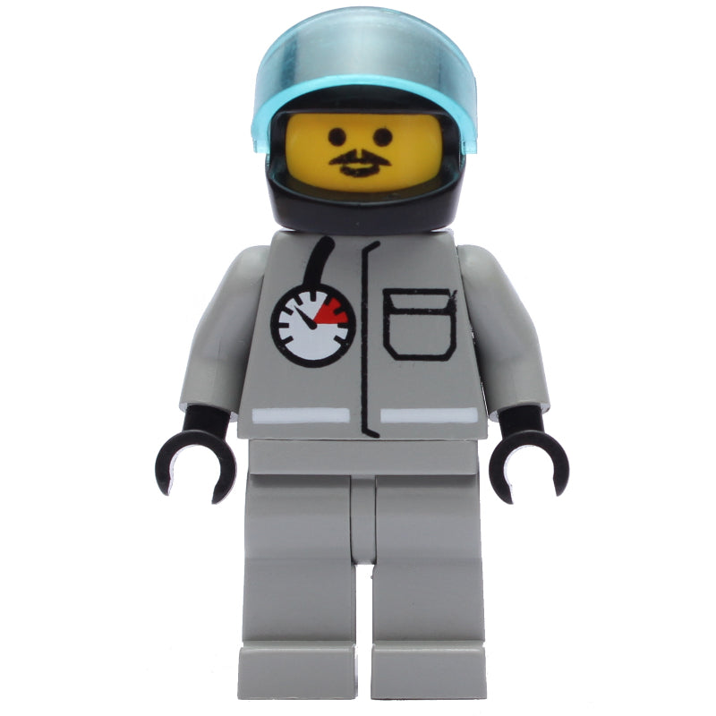 fig-008147 – Fireman, Shirt with Gauge and Pocket, Light Gray Legs, Black Helmet with Visor
