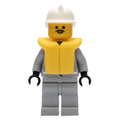 fig-008148 – Fireman, Shirt with Gauge and Pocket, Light Gray Legs, White Helmet, Yellow Life Vest