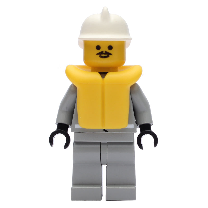 fig-008148 – Fireman, Shirt with Gauge and Pocket, Light Gray Legs, White Helmet, Yellow Life Vest