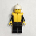 fig-008149 – Fireman, Black Fire Jacket with Red Belt and Badge, White Helmet, Yellow Life Vest