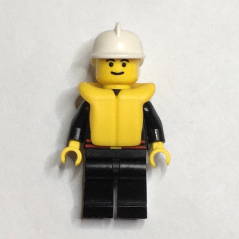 fig-008149 – Fireman, Black Fire Jacket with Red Belt and Badge, White Helmet, Yellow Life Vest