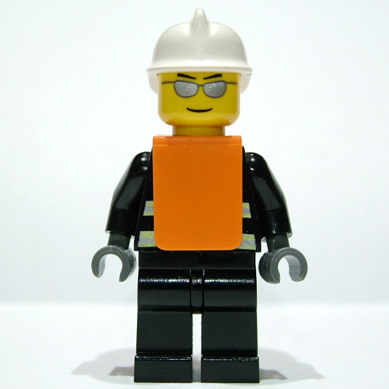 fig-008150 – Fireman, Black Fire Jacket with Reflective Stripes, Radio, and Badge, White Helmet, Orange Vest, Silver Sunglasses