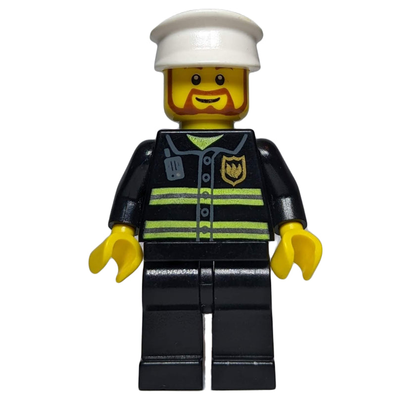 fig-008151 – Fireman, Black Fire Jacket with Reflective Stripes, Radio, and Badge, White Hat, Beard