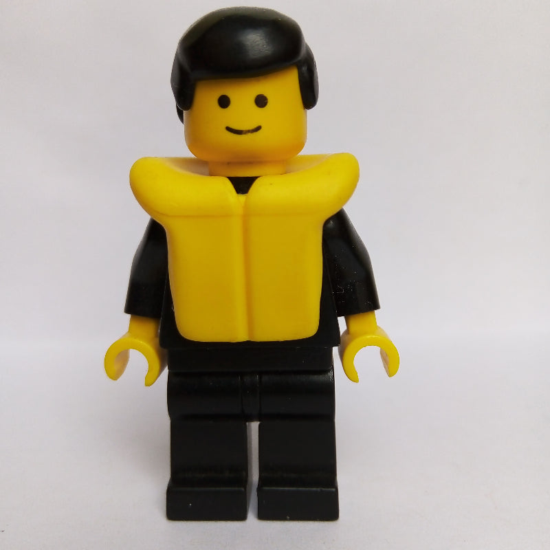 fig-008161 – Policeman, Black Suit with Badge, Black Hair, Yellow Life Vest