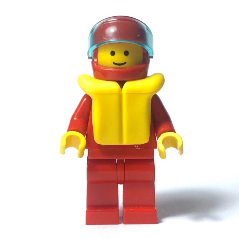 fig-008165 – Man, Red Jacket with Zipper, Red Helmet with Visor, Yellow Life Vest