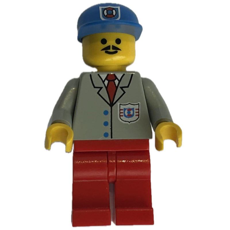 fig-008166 – Coast Guard, Light Gray Shirt with Red Tie and Badge, Blue Cap with Badge, Moustache