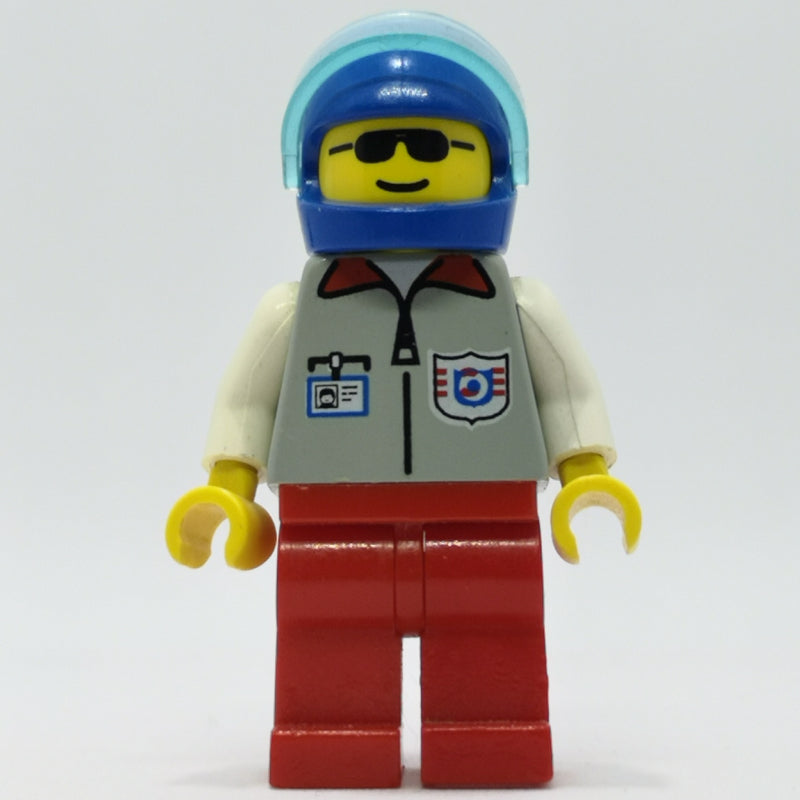 fig-008167 – Coast Guard, Light Gray Jacket with Zipper and Badge, Blue Helmet with Visor, Sunglasses