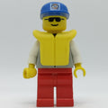 fig-008168 – Coast Guard, Light Gray Jacket with Zipper and Badge, Blue Cap with Badge, Yellow Life Vest, Sunglasses
